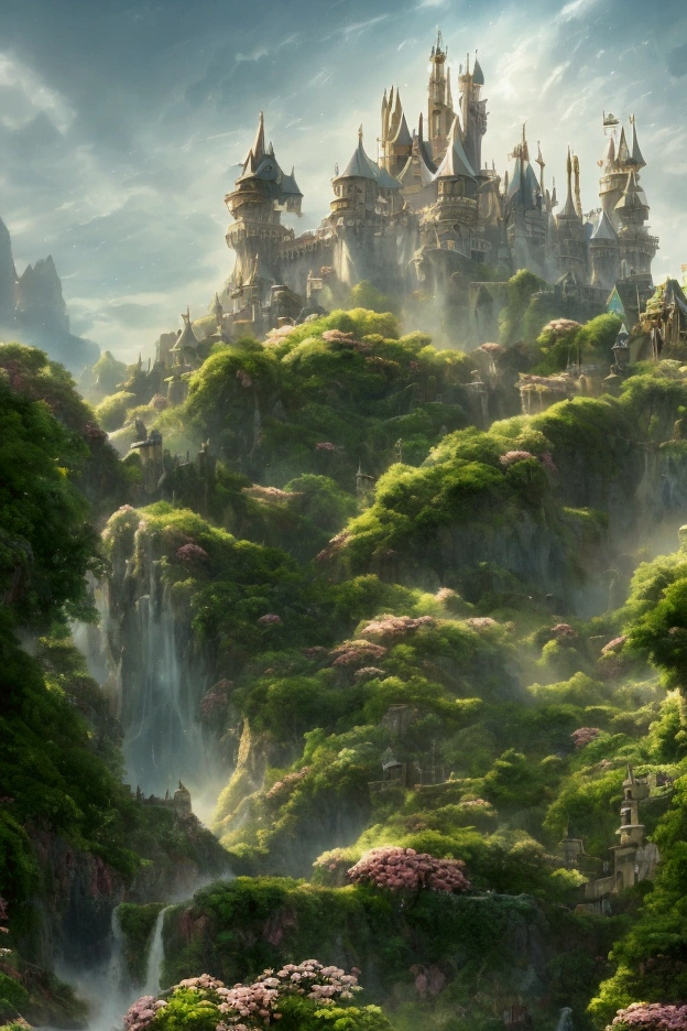 Epic CG Matte Painting, wide view, pale green clouds, disney castle, garden full of flowers in the clouds, a few drops of water falling from the clouds, a sea of pale green roses, high definition images, unreal engine, Tendencia ArtStation 4k HD