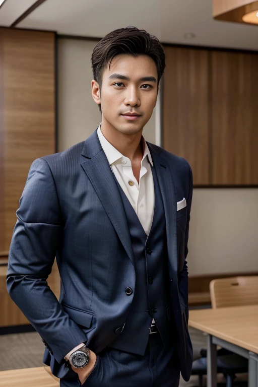 36-year-old fresh and handsome new employee、　（Super handsome guy in S-class suit）、　Japanese 36-year-old man、　merchant、　ultra luxury suit、　striped suit、　office、　Stand up in a suitＳYoung handsome man、　Full body image、　（CG Unity 8K high-detail photos）、　（Very detailedＳHandsome guy in class）、　（Photo real）、　　（（Top quality））、　Ultra Detailed、　（masterpiece）、　Ultra-high quality、　High、　Viewer、　gentleman、　very beautiful hair、　bright photos、　As handsome as a model、　As handsome as an idol、　luxury watch,
