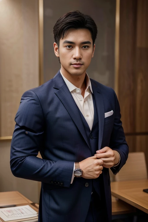 36-year-old fresh and handsome new employee、 (Super handsome guy in S-class suit)、 Japanese 36-year-old man、 merchant、 ultra luxury suit、 striped suit、 office、 Stand up in a suitSYoung handsome man、 Full body image、 (CG Unity 8K high-detail photos)、 (Very detailedSHandsome guy in class)、 (Photo real)、 ((Top quality))、 Ultra Detailed、 (masterpiece)、 Ultra-high quality、 High、 Viewer、 gentleman、 very beautiful hair、 bright photos、 As handsome as a model、 As handsome as an idol、 luxury watch,