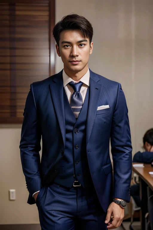 36-year-old fresh and handsome new employee、　（Super handsome guy in S-class suit）、　Japanese 36-year-old man、　merchant、　ultra luxury suit、　striped suit、　office、　Stand up in a suitＳYoung handsome man、　Full body image、　（CG Unity 8K high-detail photos）、　（Very detailedＳHandsome guy in class）、　（Photo real）、　　（（Top quality））、　Ultra Detailed、　（masterpiece）、　Ultra-high quality、　High、　Viewer、　gentleman、　very beautiful hair、　bright photos、　As handsome as a model、　As handsome as an idol、　luxury watch,