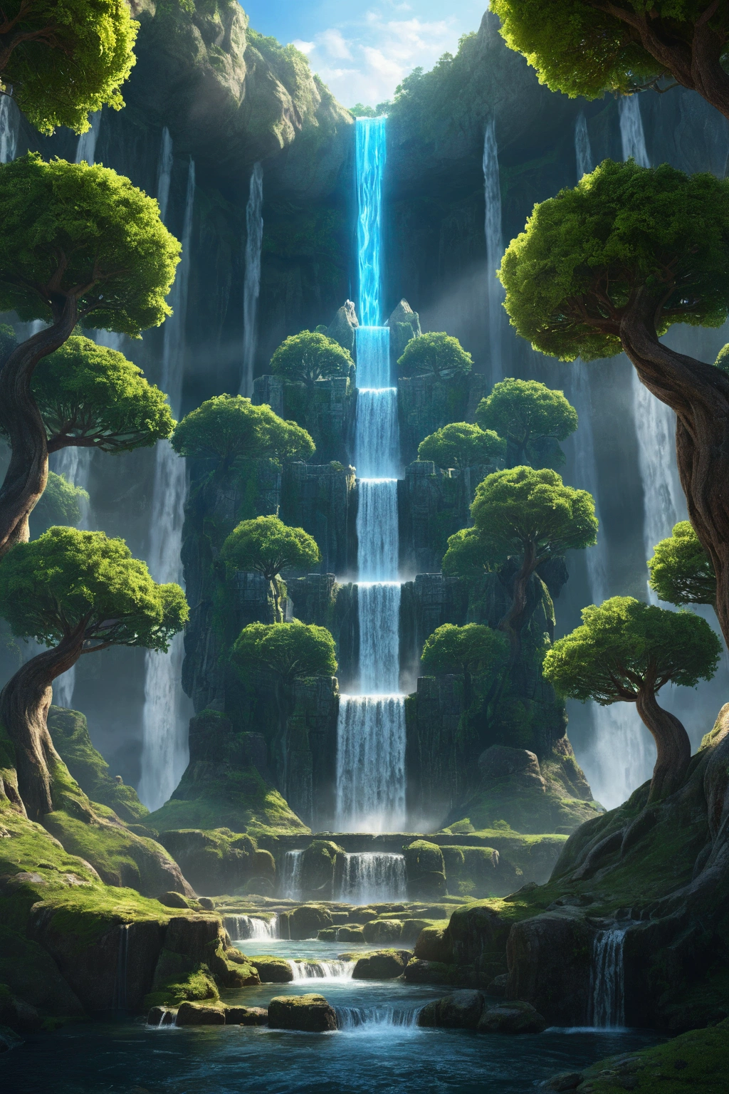 Yggdrasil,ancient city,nine portals ,waterfall