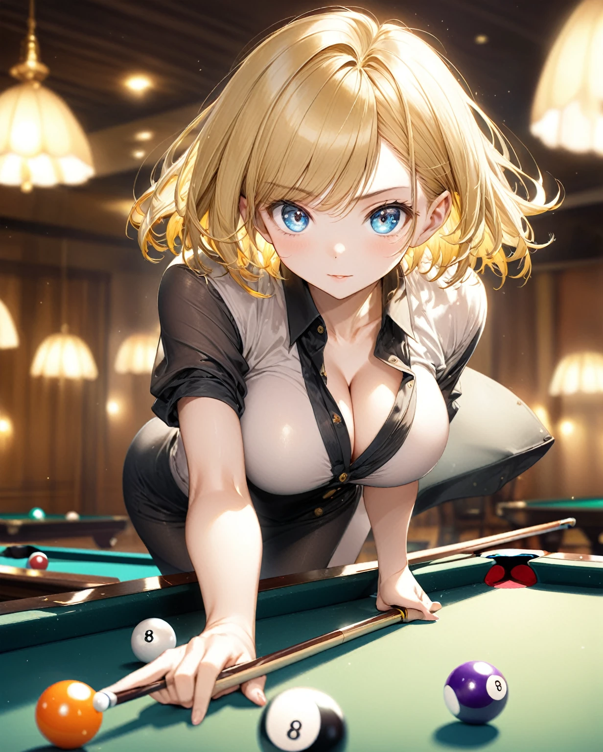 ((Highest quality,8k,32K,masterpiece,Ultra-high resolution :1.2 ),born,One girl,Super cute,Natural light,Clear, shining eyes,20-year-old,Fair skin,Billiard table electronic world fantasy background,Golden Hair,short hair,Enjoying playing billiards,Large Breasts