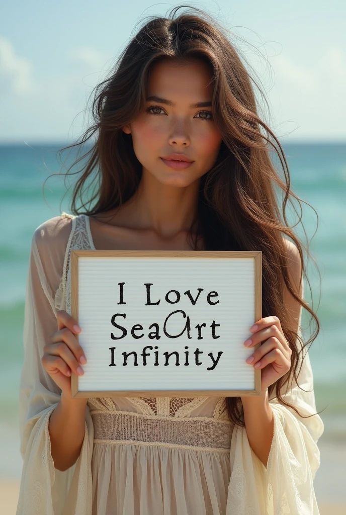 Beautiful girl with wavy long hair, bohemian dress, holding a white board with text "I Love Seaart Infinity" and showing it to the viewer