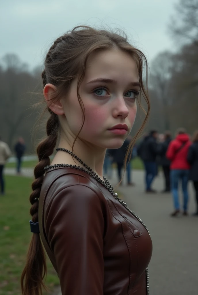 Nelya Jorden skinny with blue eyes and brown hair ponytils crying at the central park with people in a cloudy day