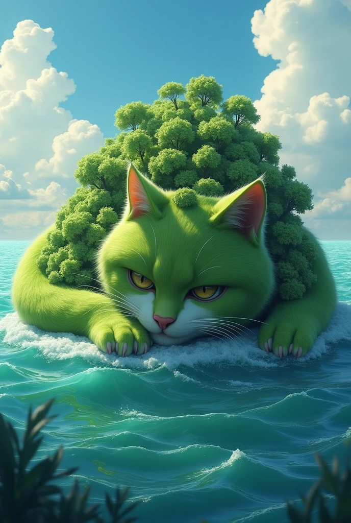 A huge green fat lazy kind island cat lies on its belly in the ocean.
There is a forest growing on the cat's back and head, thousands of trees.
Fluffiness, cuteness, photo style league of legends, hyperdetailing