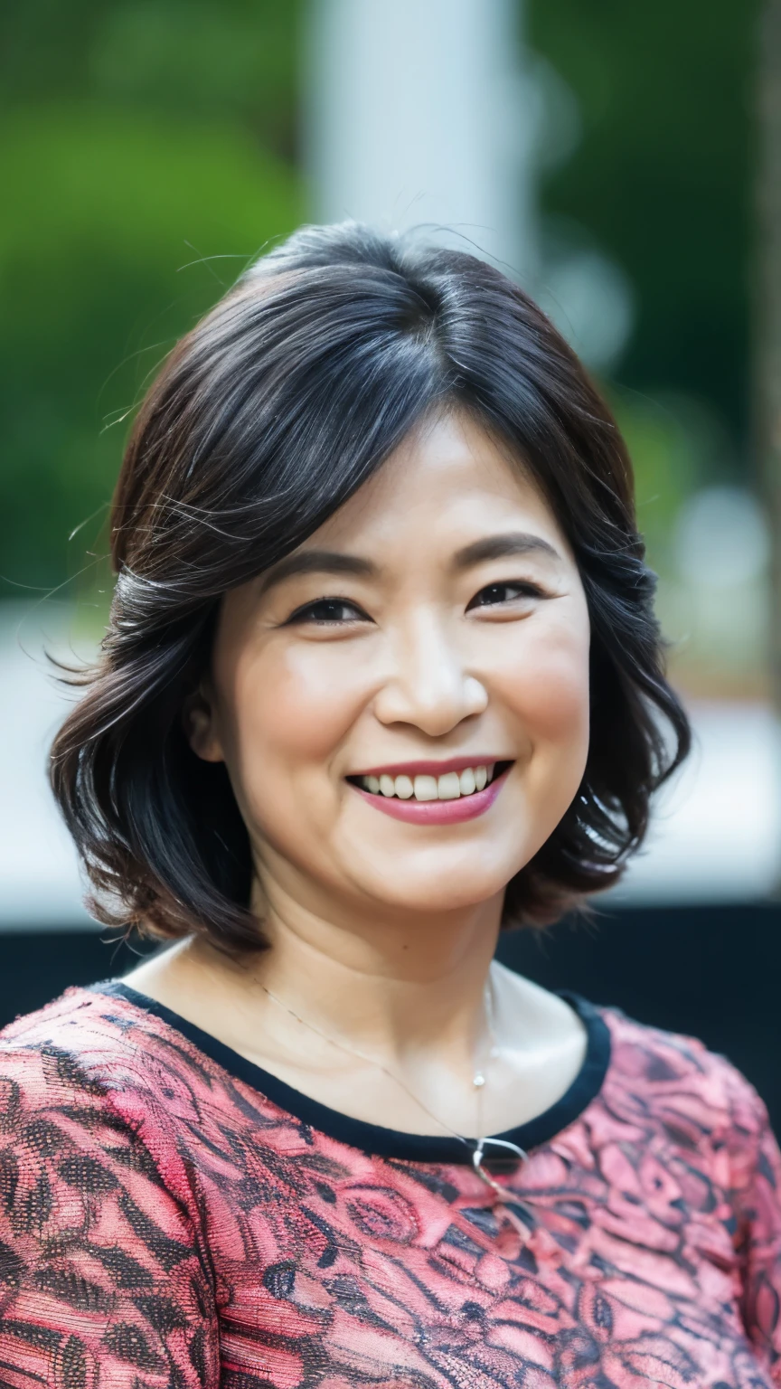 最high quality, In 8K, whole body, Real, Upper Body, high quality, High resolution, Detailed face, Detailed eyes, Thick lips, (Look at the viewers), alone, Middle-aged women, , 60 years old, , Wavy Hair, , Wearing short sleeves, Standing in front of a fountain, Wrinkles around the eyes, Smiling with teeth showing, Background Blur