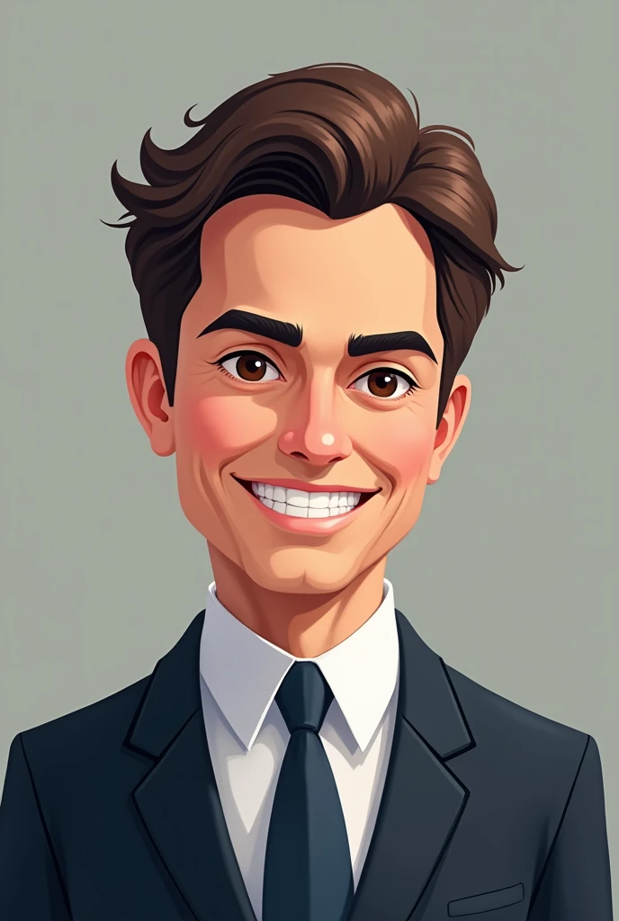 Create a less realistic avatar and instead create a professional avatar of a lawyer, 40 years old, white with slightly wavy brown hair and dark eyes, lightly made up, Grinning, It's a drawing from the bust to the slightly fatter head