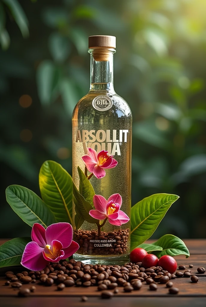 Create an image showing the bottle of absolut vodka with orchids, coffee beans and animals from the Amazon that have coffee beans and say absolute colombia