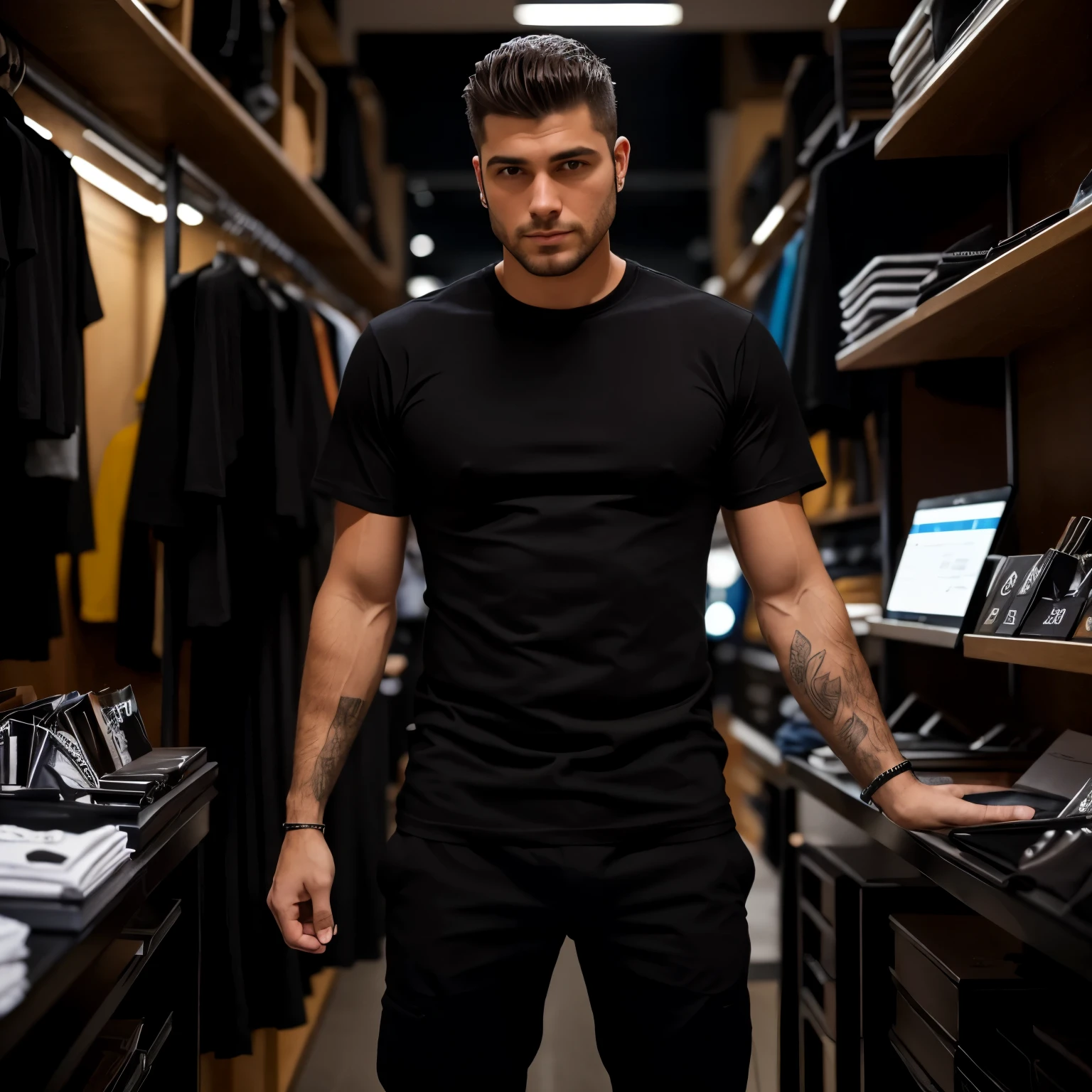 Man wearing a black t-shirt with no details, fundo traders
