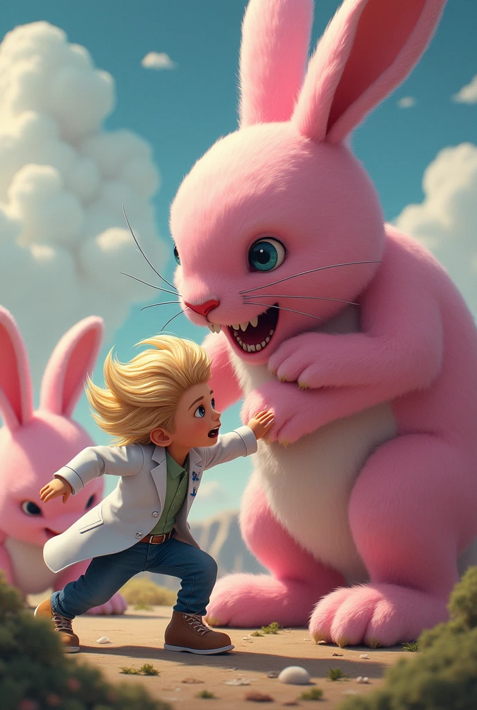 A young boy is attacking giant pink fluffy bunnies. Boy is beating them bloody. The boy has blonde hair. (Masterpiece) (best quality)