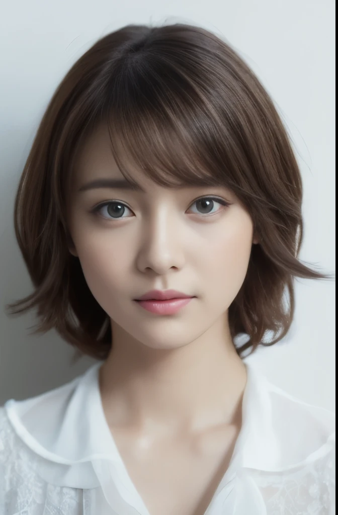 Dressed, (photoRealistic: 1.4), (hyperRealistic: 1.4), (Realistic: 1.3), (Smooth lighting: 1.05), (cinematic lighting Quality improvement: 0.9), 32K, 1 girl, Japanese women, Realistic lighting, Backlight, Face Light, Ray Tracking, (Bright light: 1.2), (Quality improvement: 1.4), ( Top quality Realistic textured skin: 1.4), Fine grain, Detailed face, Quality Eyes, Brown eyes, (tired, Sleepy and satisfied: 0.0), White silk blouse with blue flowers, frills and lace, Thin string ribbon ties, Dark brown hair, Short, cut bangs that fall over the forehead, Adult woman with a faint smile, (White Background)