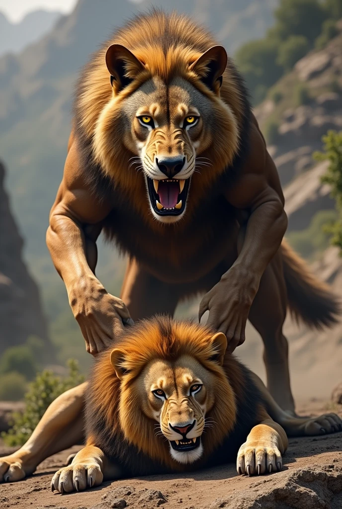 Muscular brown wolf stomping on a lion
