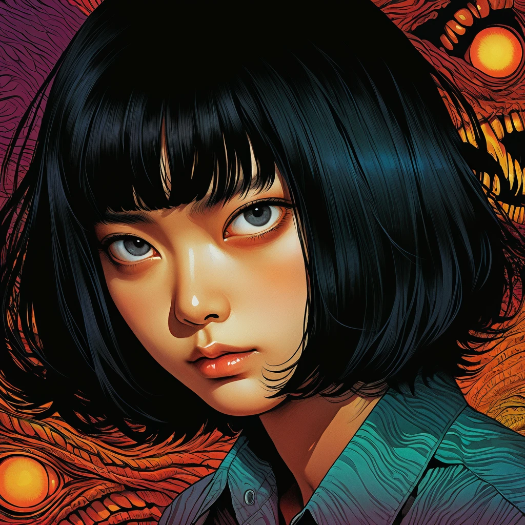 black hair male, An illustration、art、70s indonesia horror movie posters, Supervised by Junji Ito、High detail, Realistic Shadows、Analog Style, chromatic aberration, Surrealism、Complementary Gradient, nightmare
