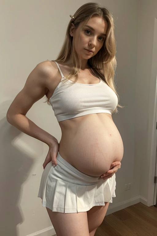 8k, masterpiece, very realistic, Full body Sexy pregnant woman, very slim waist, slim thighs, very tall, white pleated mini skirt, white crop top, long slightly wavy blonde hair, medium breasts, pregnant, curved back, mature, 