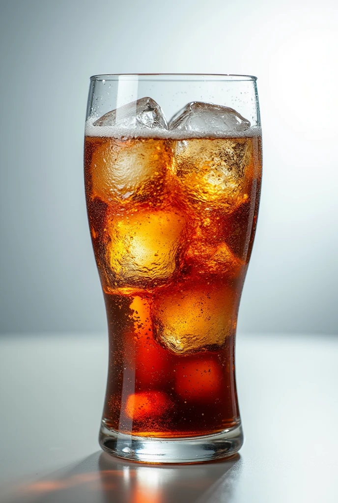 A glass of cola with ice on top