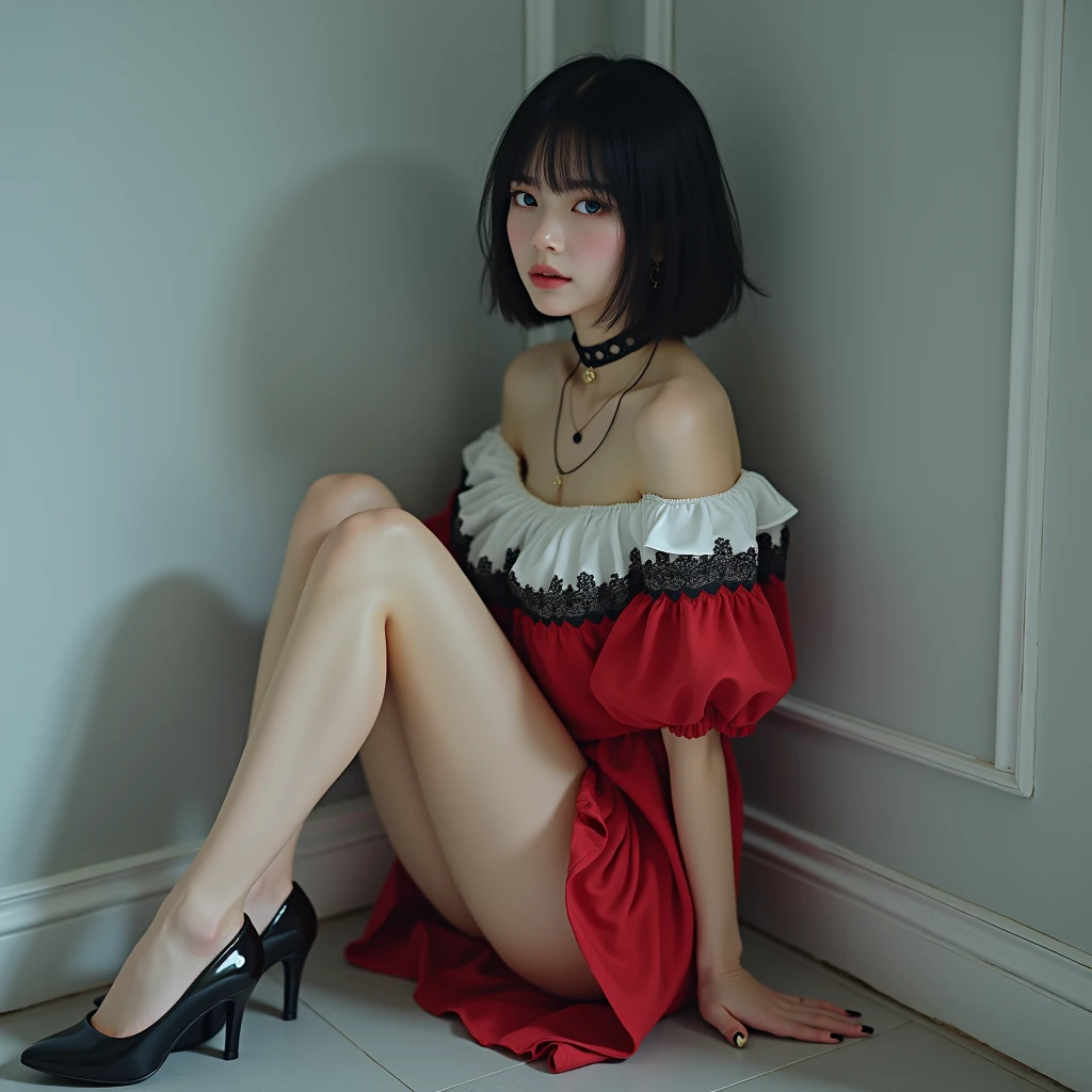 (RAW photo, best quality, masterpiece: 1.2), (photorealistic: 1.4), best lighting, 20 years old, (light black hair, short bob cut, hair in 7 thirds, hair over one ear, :1.15), (Symmetrical blue clear eyes, solo, medium breast, Detailed Skin, :1.2), ((Light gray walls and floor, photo studio, sitting on floor, sitting against the wall, red and white off the shoulder short length dress, black lace choker, slender necklace, wearing black high heels, clean legs, cinematic lights, sensual look, from side))