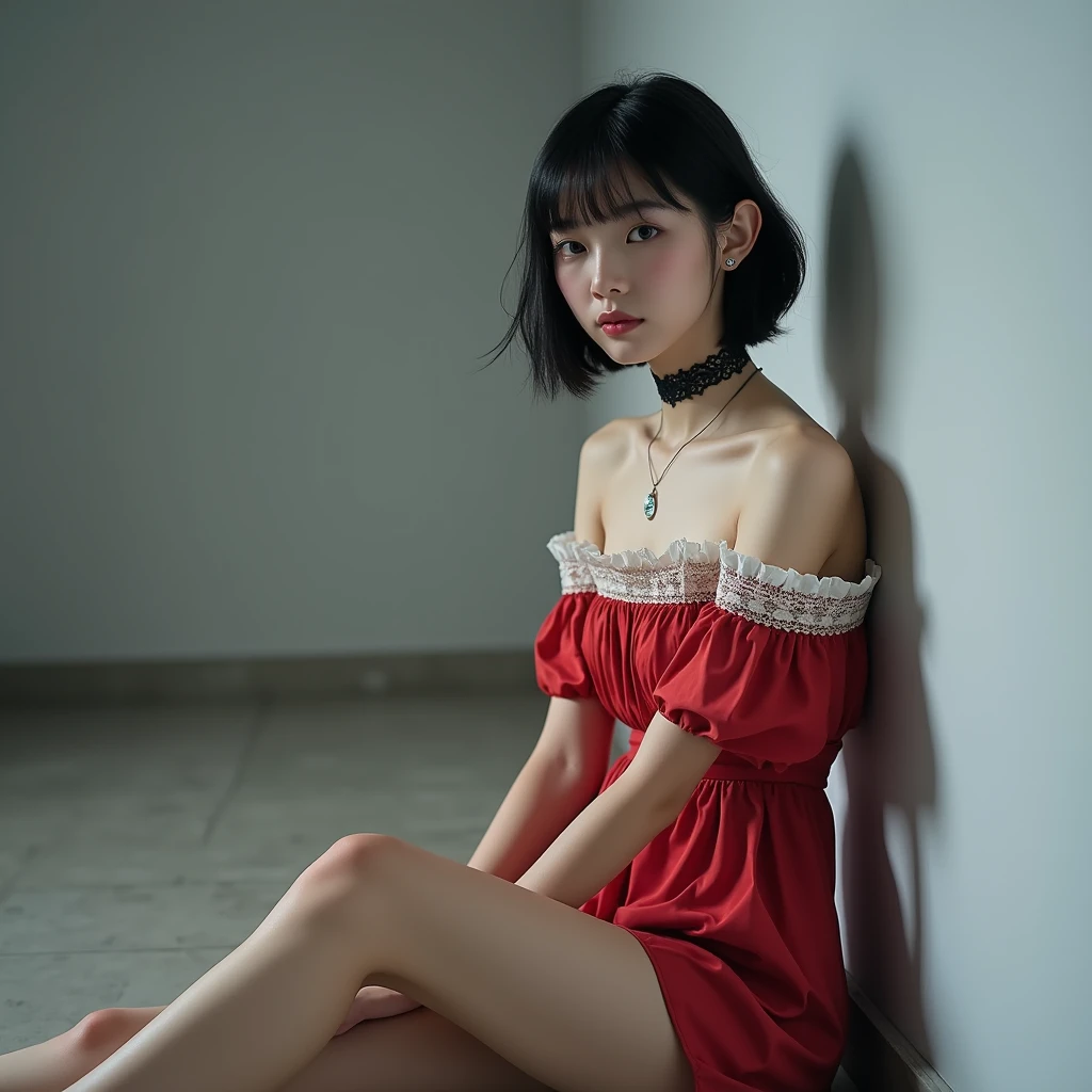 (RAW Photos, Highest quality, masterpiece: 1.2), (Realistic: 1.4), Best lighting, 20-year-old, (light black hair, Short Bob Cut, Divide your hair into 3/7ths, hair above one ear, :1.15), (Symmetrical blue, clear eyes, alone, Mid-chest, Detailed skin, :1.2), ((Pale gray walls and floor, Photo studio, Sitting on the floor, Sit leaning against a wall, Red and white off-the-shoulder short dress, black lace choker, Slender necklace, Wearing black high heels, Beautiful legs, Cinema Lighting, Sensual look, From the side))