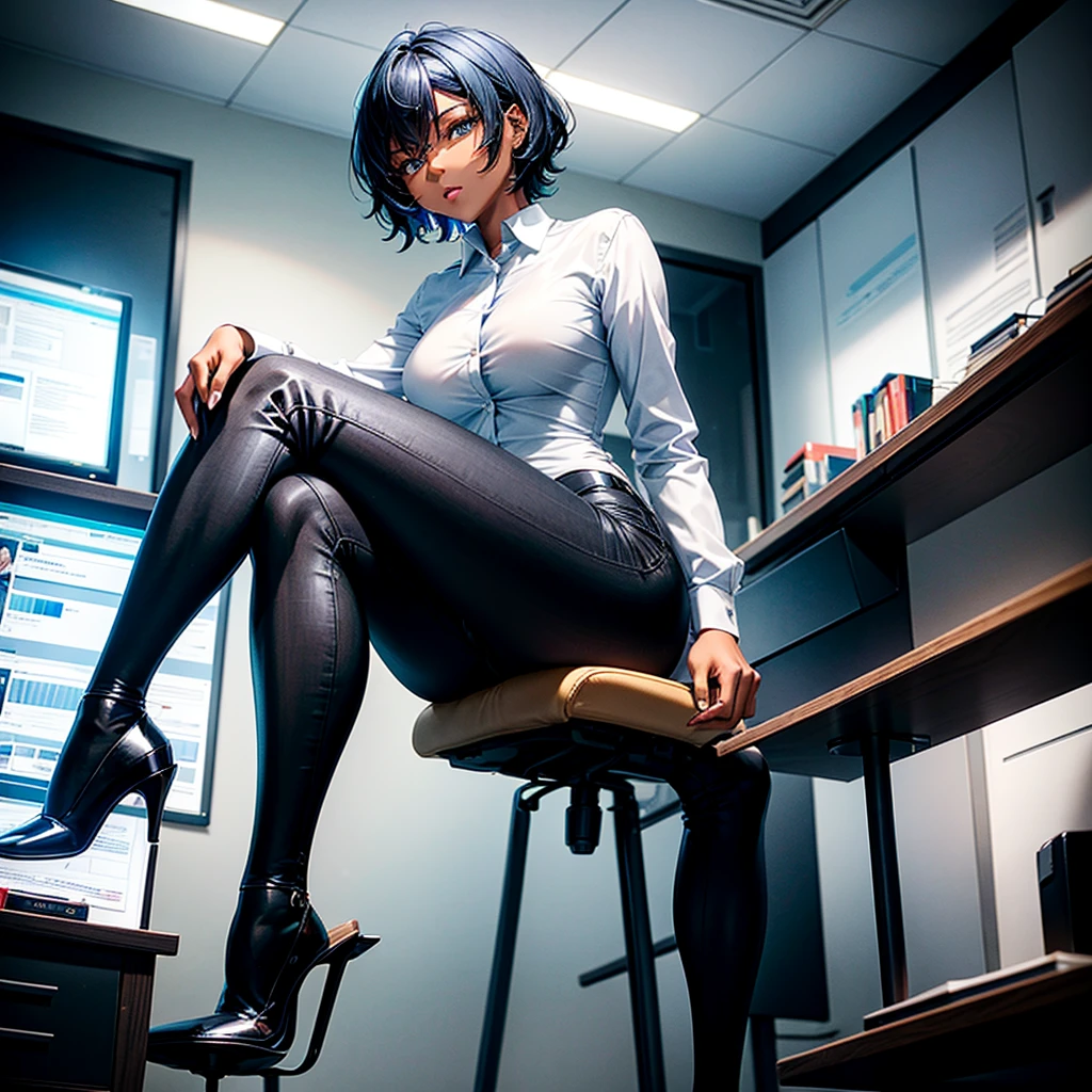 [Main Concept] Black girl with short blue hair, a millionaire businesswoman with self-confidence and a bit of arrogance 

[Character description] Black skinned girl with Asian features, short wavy blue hair with a tall, slim body structure. With a somewhat conceited expression that suggests dominance in the air

[around/bottom] The scene takes place in a large and sophisticated space, in his rather elegant office with small minimalist decorations surrounded by a professional work environment 

[Composition] The black girl is in her central position sitting on top of the desk while she is dressed in a smart and somewhat tight white shirt and some smart black pants and a large white jacket.