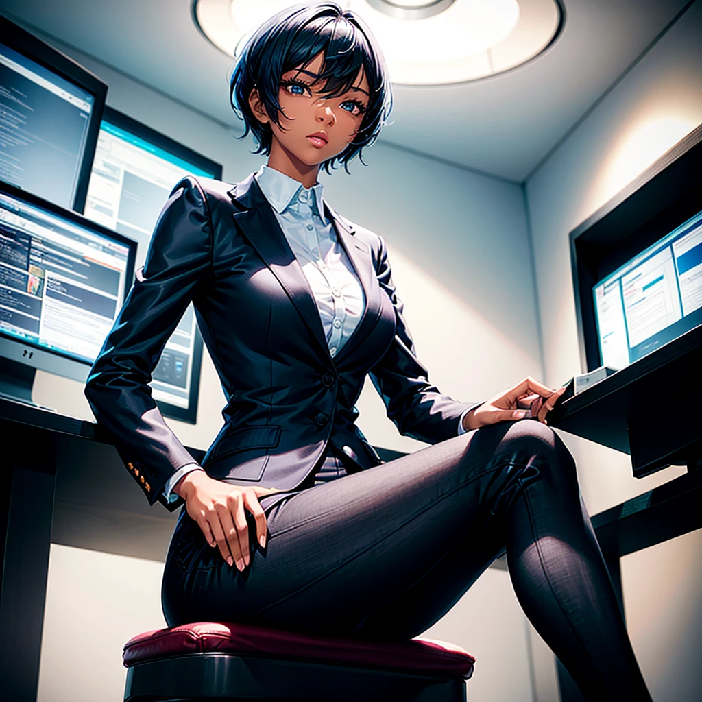 [Main Concept] Black girl with short blue hair, a millionaire businesswoman with self-confidence and a bit of arrogance 

[Character description] Black skinned girl with Asian features, short wavy blue hair with a tall, slim body structure. With a somewhat conceited expression that suggests dominance in the air

[around/bottom] The scene takes place in a large and sophisticated space, in his rather elegant office with small minimalist decorations surrounded by a professional work environment 

[Composition] The black girl is in her central position sitting on top of the desk while she is dressed in a smart and somewhat tight white shirt and some smart black pants and a large white jacket.
