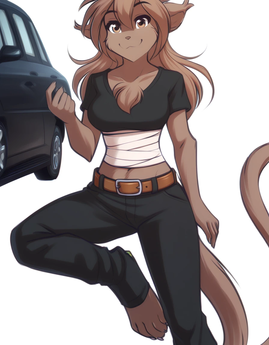 solo, tknanie, keidran, mammal, pantherine, natani_(twokinds), natani twokinds, twokinds, personalami, rating:safe, white background, white_background, brown fur, brown hair, brown eyes, female, big breasts, chest_wraps, wraps giantess tf 900 shirt pants belt foot stomp on cars. Trace human male inside