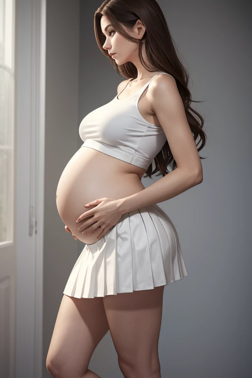 8k, masterpiece, very realistic, Full body Sexy pregnant woman, very slim waist, slim thighs, very tall, white pleated mini skirt, white crop top, long slightly wavy brown hair, medium breasts, pregnant, curved back, mature,
