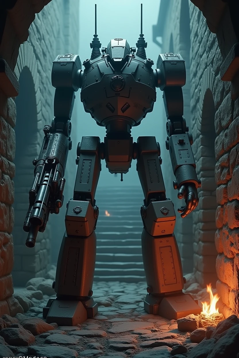 (work of art:1.2), (best qualityer:1.2), 8k, HDR, ultra detaild, ((photorrealistic)), professional light, cinematic lighting, fashion shooting, ambient lighting, fund, a dark medieval dungeon, darkness, epic photo, fire, staircase, A war robot, with weapons machimigun.