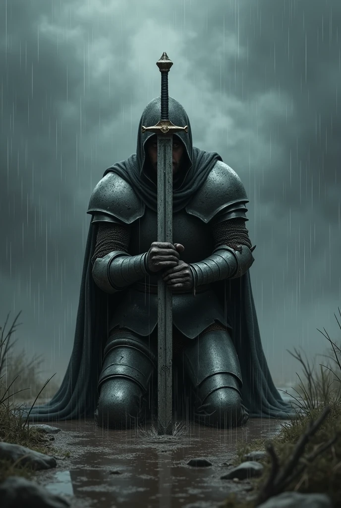 Knight kneeling the in rain with his sword in the ground - SeaArt AI