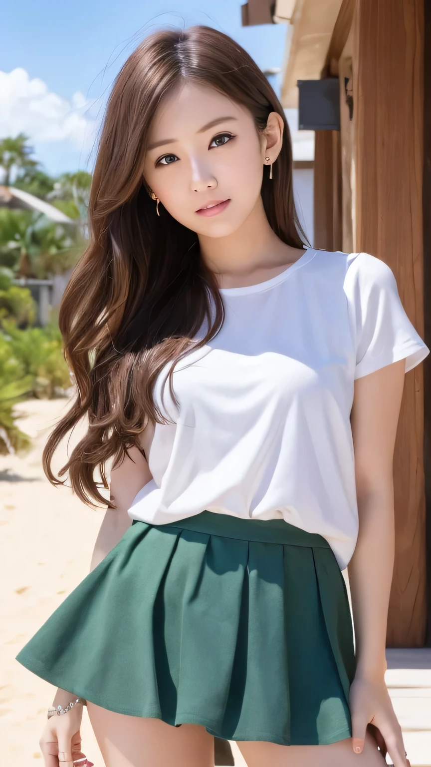 Very detailed CG Unity 8k wallpaper, Highest quality, Very detailed, masterpiece, Realistic, photo Realistic, Very detailed、((Three cute girls:1.3)), , (((Raise your skirt yourself to show your panties))), , Random sexy panties , Panty Focus, blush, Lips parted, View your audience , Half Body Shot , (Ocean、Sandy Beach) , Wavy Hair
