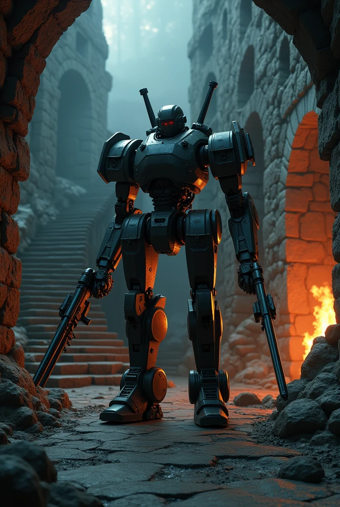 (Artwork:1.2), (best quality:1.2), 8k, HDR, ultra detaild, ((photorrealistic)), professional light, cinematic lighting, fashion shooting, ambient lighting, fund, a dark medieval dungeon, darkness, epic photo, fire, staircase, A war robot, weapons instead of arms
