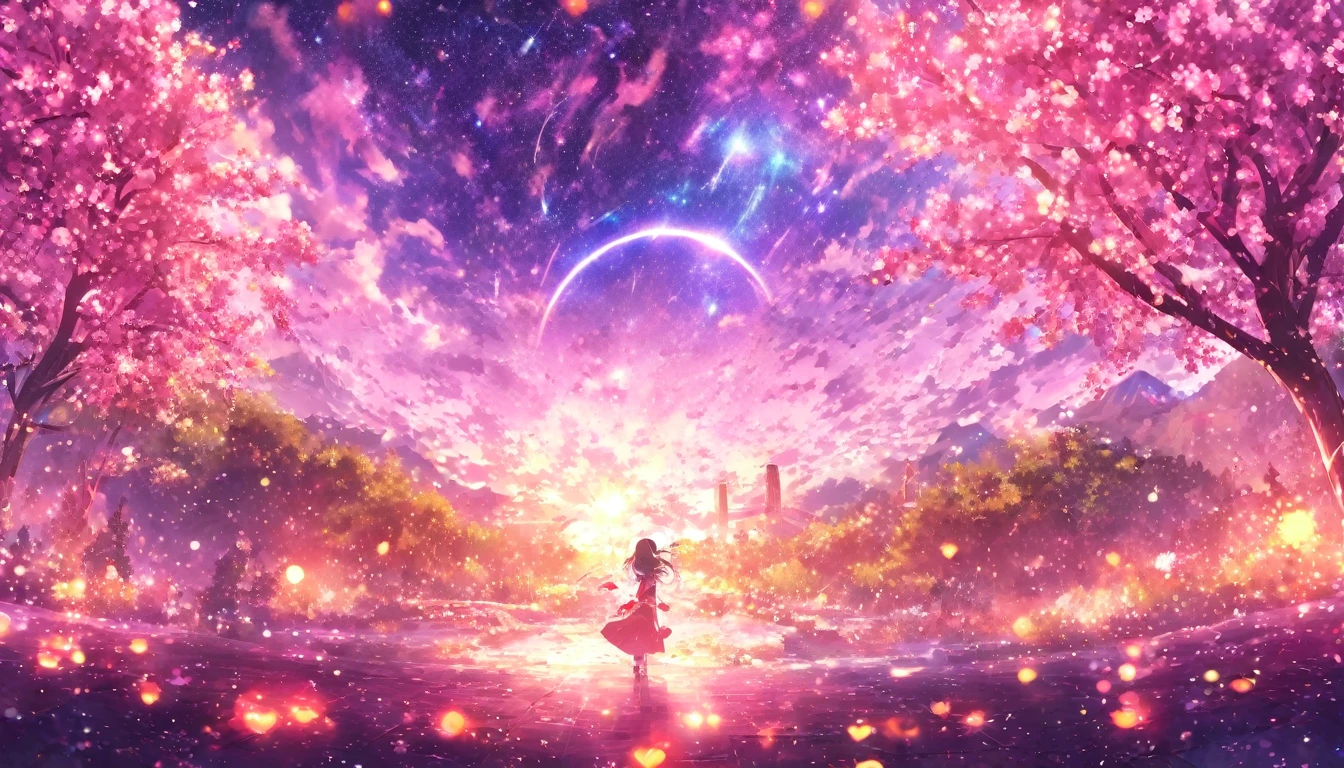 masterpiece, Concept Art, Panorama, in the center, shape, Wide Shot, garden, night, (meteor), Space galaxy background, (Great composition, Epic Scale), Dynamic Lighting, Bright colors, cherry blossoms,1 girl,Glowing light particles、heart、heart、love affair、rainbow