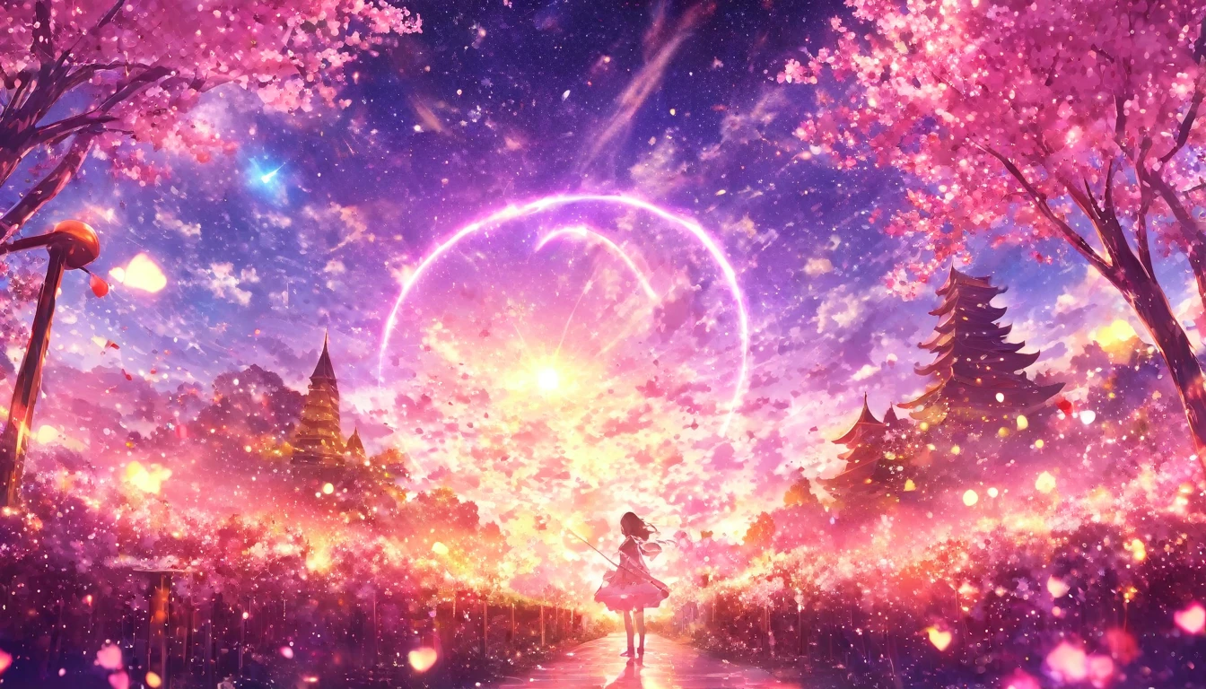 masterpiece, Concept Art, Panorama, in the center, shape, Wide Shot, garden, night, (meteor), Space galaxy background, (Great composition, Epic Scale), Dynamic Lighting, Bright colors, cherry blossoms,1 girl,Glowing light particles、heart、heart、love affair、rainbow