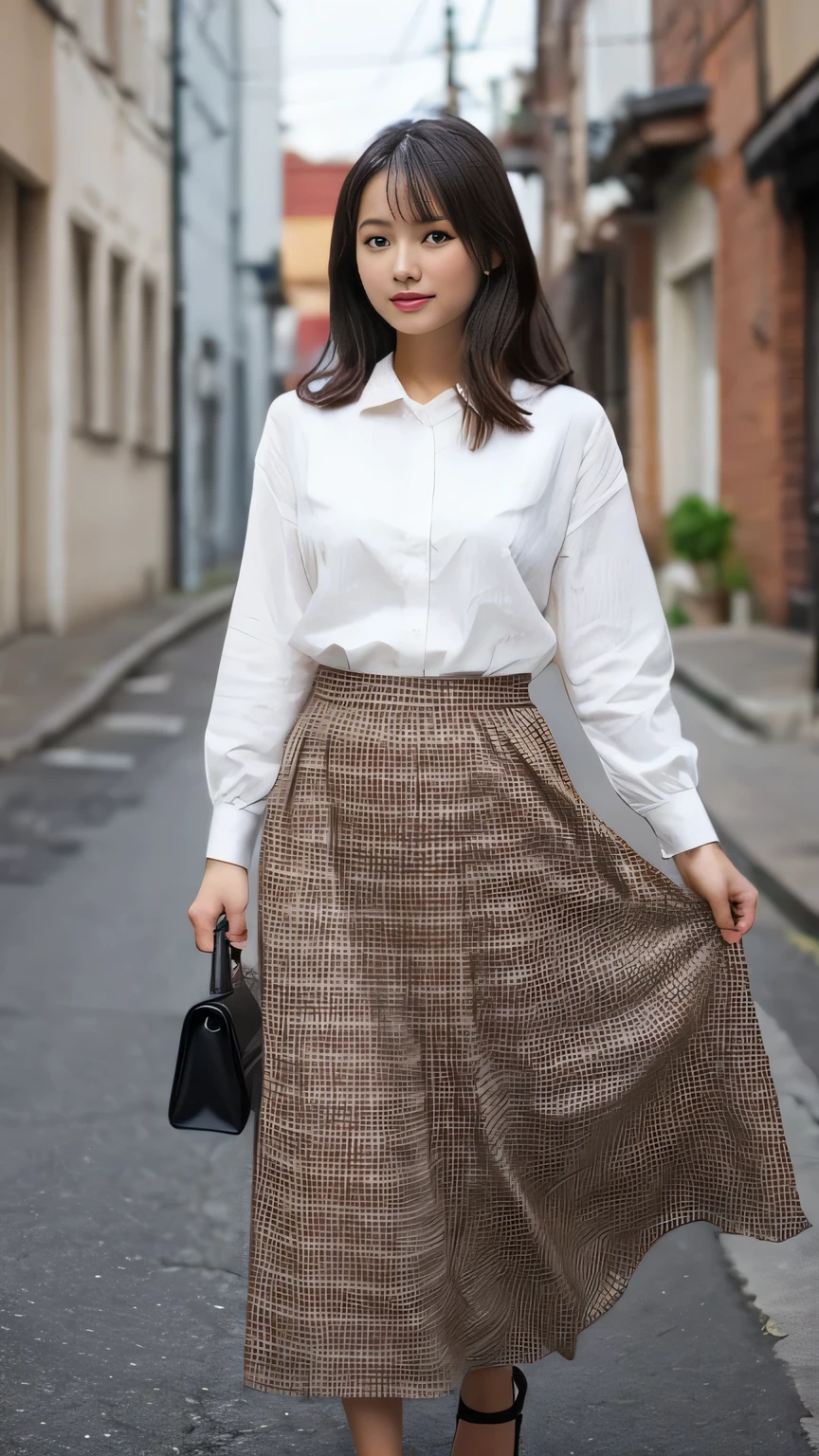 (((A long skirt with a brown and black checkered pattern, about 10cm square)))、One Japanese woman、30 years old、(Full body photo:1.4)、Walking towards here、Wearing a white blouse、(((Brown checkered long skirt)))、Strap Pin Heel、、background:Alley、Detailed eyes、Accurate line of sight、first-person view, uhd, anatomically correct, super detail, high details, best quality, 16K