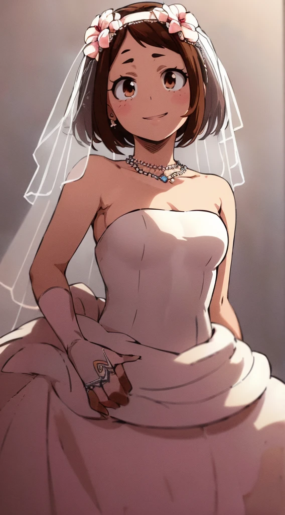 ochaco_uraraka, 1girl, open_mouth, looking_at_viewer, smile, (best quality,8k,highres,masterpiece:1.2), ultra-detailed, (realistic,photorealistic,photo-realistic:1.37), detailed face, delicate eyes, high resolution, close-up of beautiful bride wearing beautiful, (transparent short veil:1.5), blushing face, head flower, headgear, (tube top wedding dress:1.5), (silk dress:1.2), (strapless wedding dress:1.5), pure white dress, necklace, earrings, deep v peach heart collar wedding dress, bangs, lipstick, (lace gloves:1.3), whole body shot, high detail raw color art, long white dress, whole body, place your hands behind your back