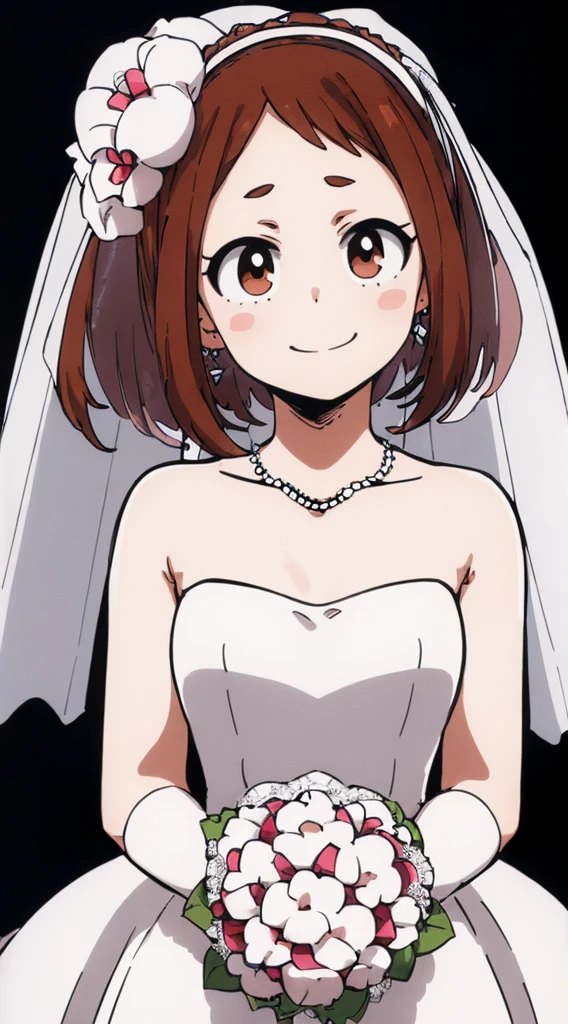 ochaco_uraraka, 1girl, open_mouth, looking_at_viewer, smile, (best quality,8k,highres,masterpiece:1.2), ultra-detailed, (realistic,photorealistic,photo-realistic:1.37), detailed face, delicate eyes, high resolution, close-up of beautiful bride wearing beautiful, (transparent short veil:1.5), blushing face, head flower, headgear, (tube top wedding dress:1.5), (silk dress:1.2), (strapless wedding dress:1.5), pure white dress, necklace, earrings, deep v peach heart collar wedding dress, bangs, lipstick, (lace gloves:1.3), whole body shot, high detail raw color art, long white dress, whole body, place your hands behind your back