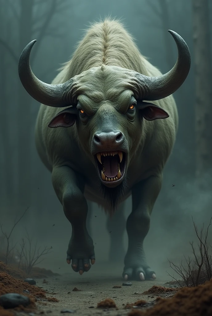 Combine an axolotl and a buffalo and make the face look terrifying 