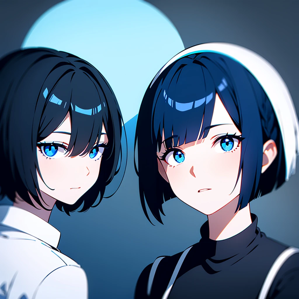 blue and black hair,short hair and white eyes 