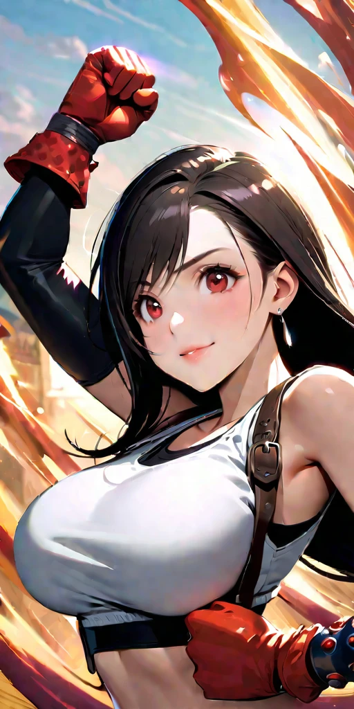 (((((tifa lockhart,Final Fantasy 7:1.5))))),((Highest quality、masterpiece、anime style、best quality、high resolution、8k、detailed、ultra-detailed:1.3))、Long legs:1.2, Beautiful woman with perfect figure:1.4、(Smiling:1.2), double eyelid、30-year-old female、((((One Woman,beautiful face,Beautiful face、Outdoor,upper body:1.5)))),Big Breasts、High resolution, accurate, Anatomically correct, High-resolution model, high quality, Very detailed, Ultra high definition、Black Hair、Straight Hair、Long Hair,Red open finger gloves,(Uplifting、action、contrapposto pose、dynamic、dynamicポーズ、dynamic motion:1.5)、(((((speed lines、action lines,movement,dynamism:1.0)))))