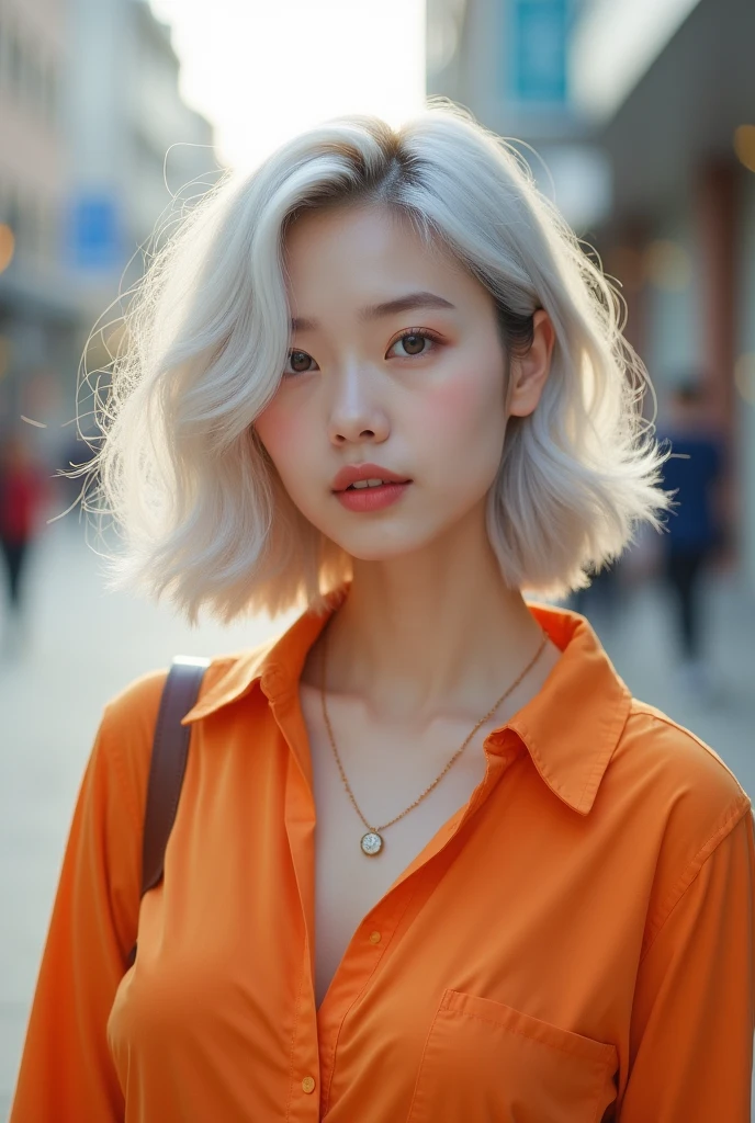 curly bob cut, Platinum-haired woman in orange collared shirt posing to take a photo in the city, german art bokeh 8k, well proportioned body, Hermosa korean woman, lovely necklace, Beautiful young Korean woman, soft portrait 8k, korean girl, double and narrow eyes, beautiful gray eyes, The Tran 8K, cute young woman, korean woman, beautiful blonde girl in bikini anime girl