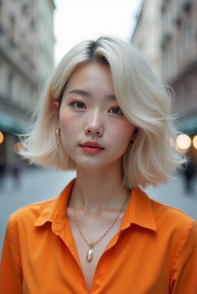 Wolf Hairstyles、Layered Cut、Medium length hairstyle that reaches the collarbone、Bright natural light、On the street、White T-shirt、Korean idol-like face、Translucent hair