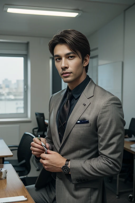 36-year-old fresh and handsome new employee、　（Super handsome guy in S-class suit）、　Japanese 36-year-old man、　merchant、　ultra luxury suit、　striped suit、　office、　Stand up in a suitＳYoung handsome man、　Full body image、　（CG Unity 8K high-detail photos）、　（Very detailedＳHandsome guy in class）、　（Photo real）、　　（（Top quality））、　Ultra Detailed、　（masterpiece）、　Ultra-high quality、　High、　Viewer、　gentleman、　very beautiful hair、　bright photos、　As handsome as a model、　As handsome as an idol、　luxury watch,