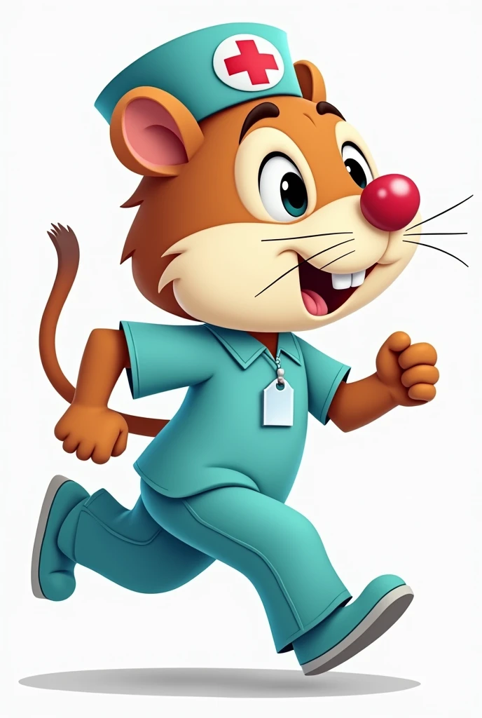 Nurse running on hamster wheel of local health unit logo from side, as if it were a cartoon.