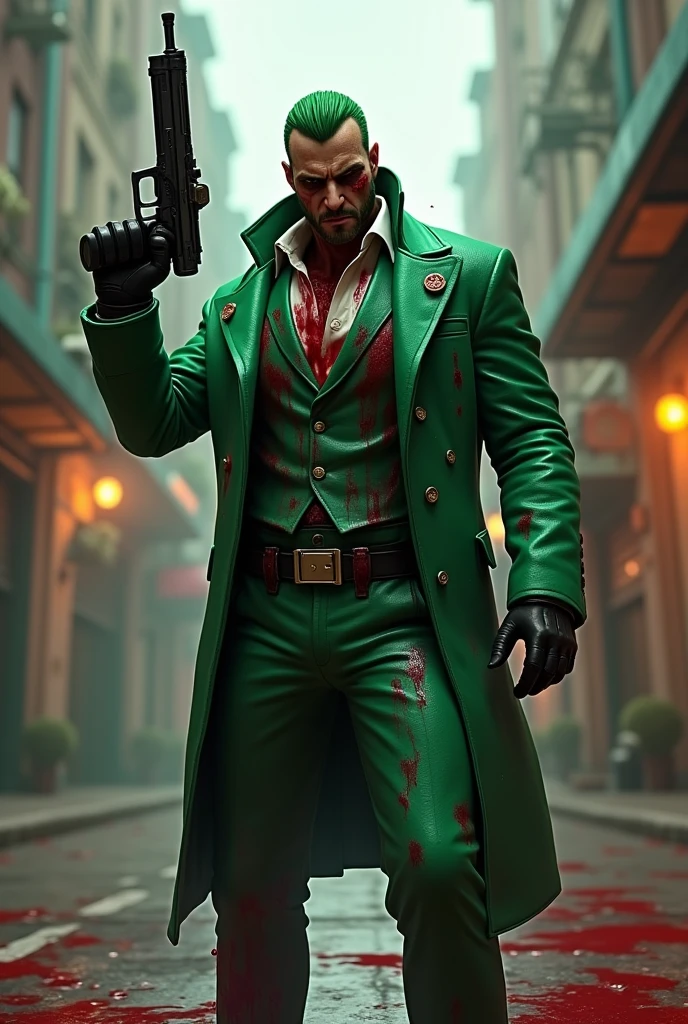 green criminal from free fire covered in blood all over his suit with an mp40 cobra in his hand