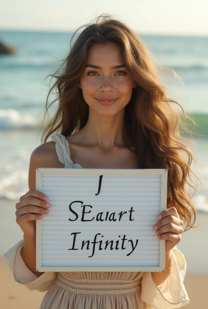 Beautiful girl with wavy long hair, bohemian dress, holding a white board with text "I Love Seaart Infinity" and showing it to the viewer
