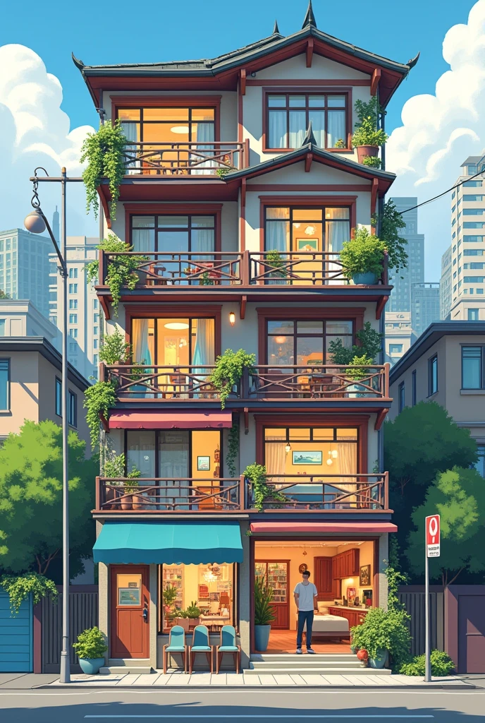 Draw a house inside and let it be seen , where there are two shops on the first floor, one where they take photos and another where they do decoration, On the second floor there are 3 bedrooms and a kitchen, On the third floor there is a patio where the bathroom and a bedroom are.