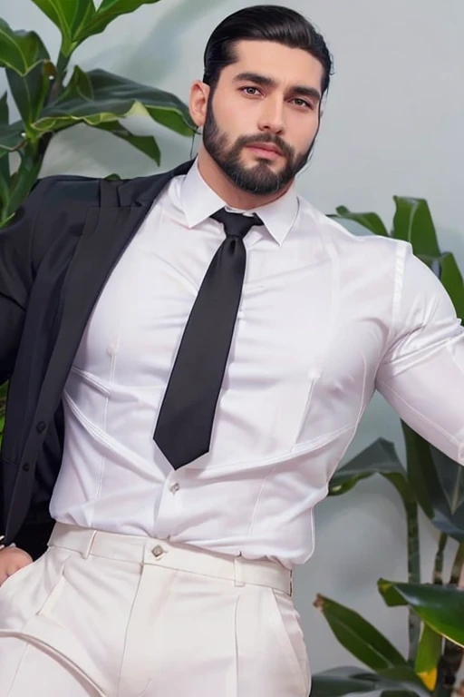 a handsome giant muscle man classic slicked back black hair short beard wearing a white button shirt black pants, closeup shot