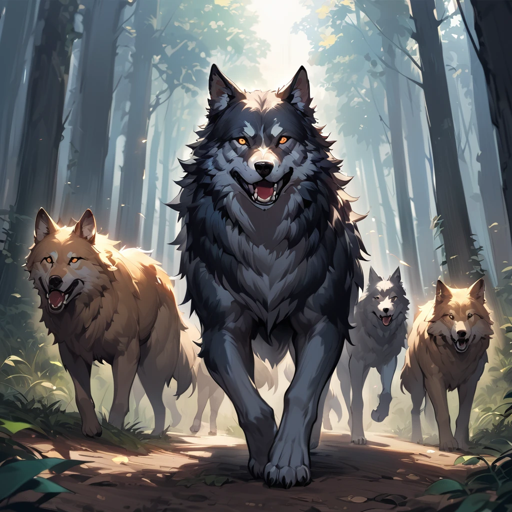 a group of large wolves in a dark forest in the middle of the pack stands a solo large black female wolf with orange eyes staring at viewer, growling and chasing a group of travelers