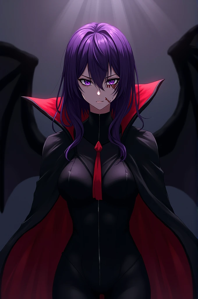 Create an anime character with a dark look with wings in purple hair purple eye scar in the eye scar on the face evil face With a black cape black clothes with red 
