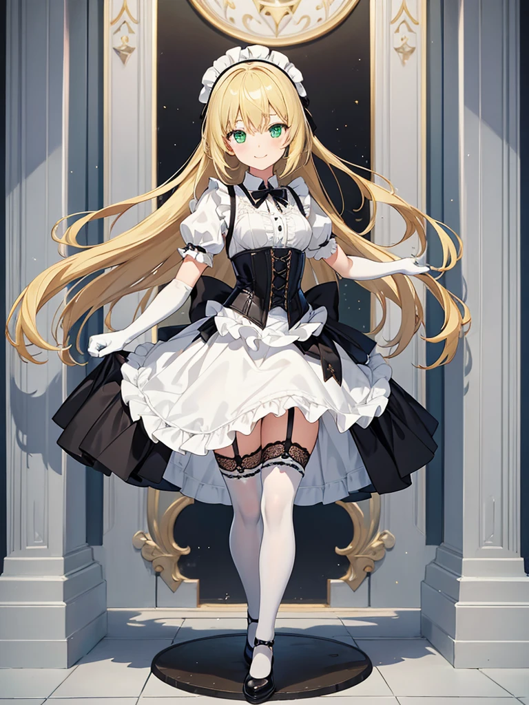 masterpiece, best quality, extremely detailed, anime, 1girl solo girl, 14 year old woman, longhair, blonde, green eyes, french maid, latex, laced corset with black lacing, white underbust, white apron, frill, mini skirt, black layered skirt, white skirt, black garter belt, black stockings, high-heeled shoes, short sleeves, elbow gloves, white gloves, slender, small breast, slightly slimmer thighs, beautiful detailed face and eyes, fearless, smile, standing figure, full body, no background