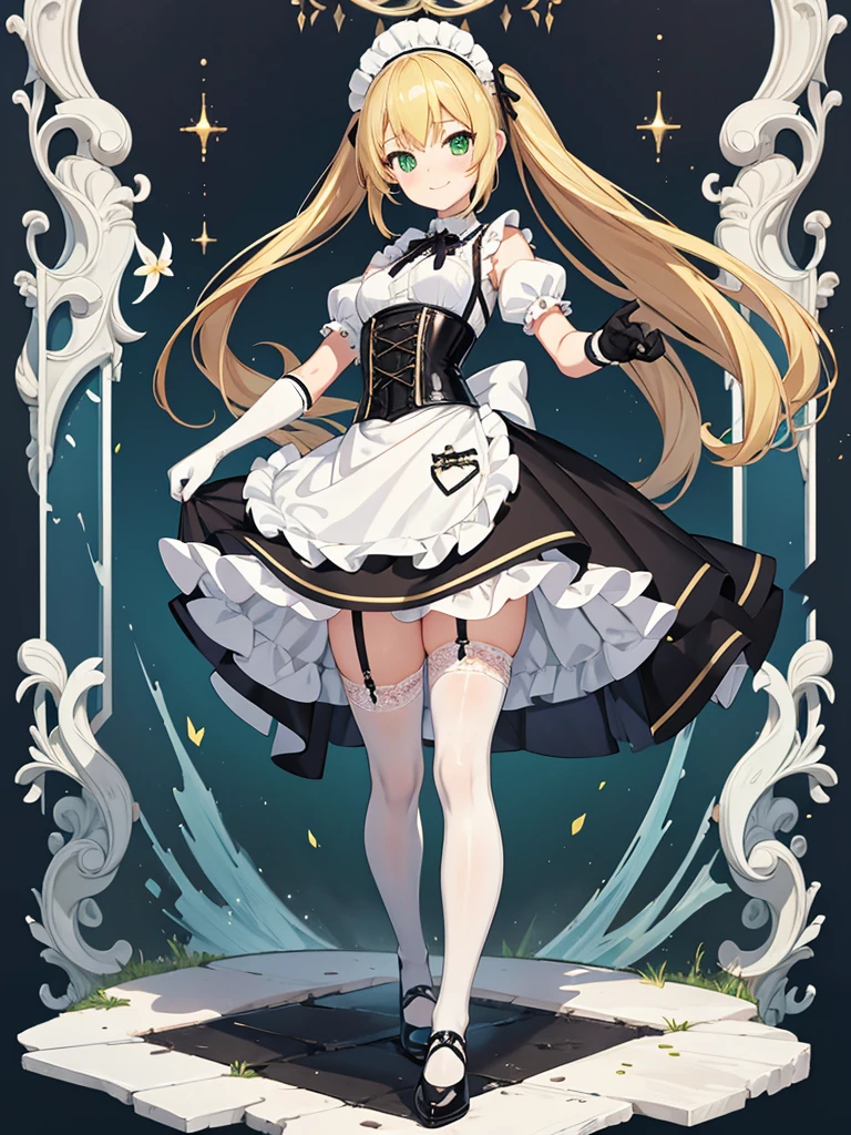 masterpiece, best quality, extremely detailed, anime, 1girl solo girl, 14 year old woman, longhair, blonde, green eyes, french maid, latex, laced corset with black lacing, white underbust, white apron, frill, mini skirt, black layered skirt, white skirt, black garter belt, black stockings, high-heeled shoes, short sleeves, elbow gloves, white gloves, slender, small breast, slightly slimmer thighs, beautiful detailed face and eyes, fearless, smile, standing figure, full body, no background