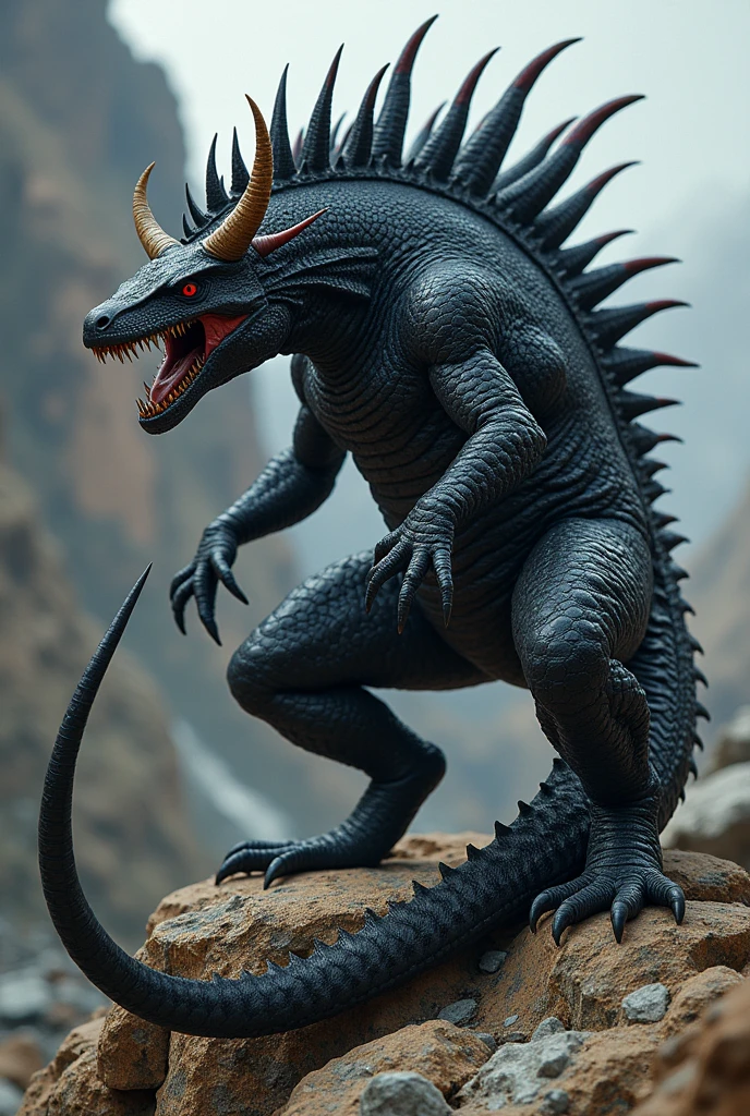 Anklaz is a type of hunter monster. It is a monster that is similar to a wingless dragon (Drake). It looks like a large chameleon, standing on four legs, with a height of about 1 meter and a length (from the head to the tip of the tail) of about 6-8 meters. It can weigh. Up to 1,000-1,500 kilograms. The body is covered with hard, shiny, black scales resembling obsidian (Obsidian). Sharp teeth and bifurcated tongue Some may have different horn numbers and shapes. Or some may not have any at all. It has a large, strong tail that can break rocks. The tip of the tail has sharp, needle-like scales that can be thrown off like a porcupine.